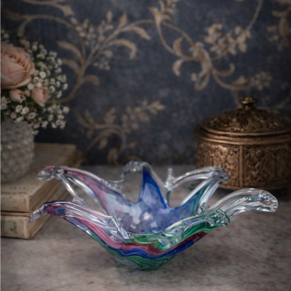 Murano Italy Free Form Art Glass Bowl Multi Color Vintage Estate